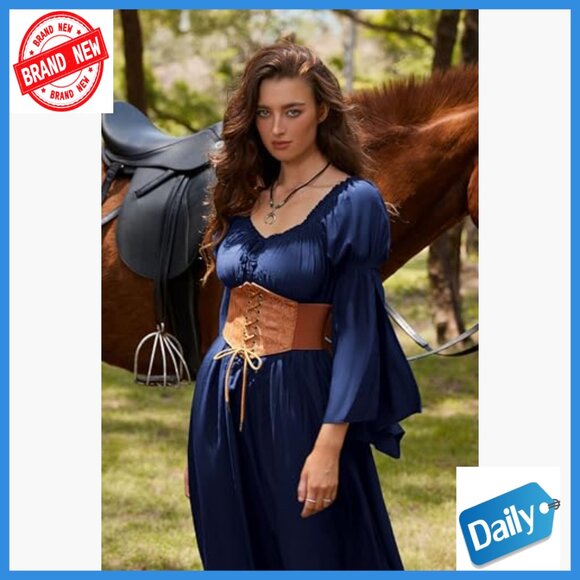 Medieval Renaissance Dress Long Bell Sleeve A-Line Maxi Pull On - Picture 6 of 7